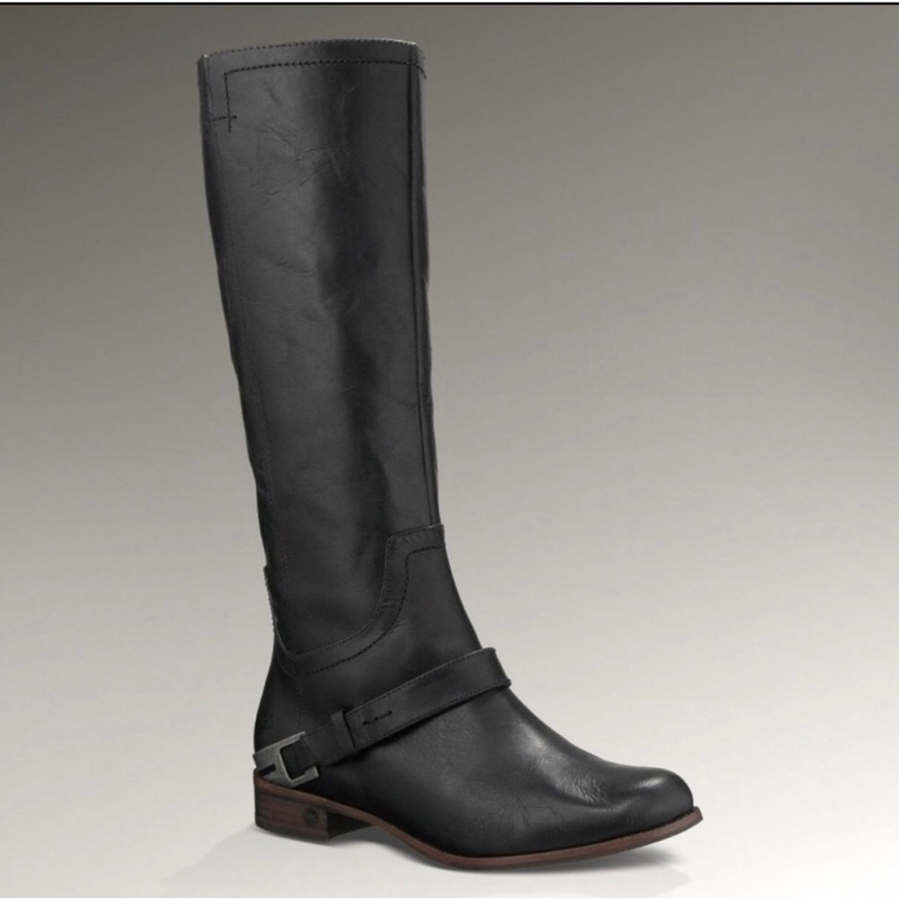 Ugg Channing Riding Boot Leather Black Equestrian Tall Silver Heel Strap…